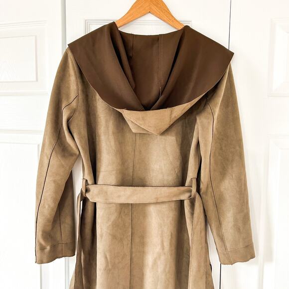 Zara Faux Suede Contrast Collar Belted Hooded Wrap Coat Women’s Size XS - Picture 8 of 9